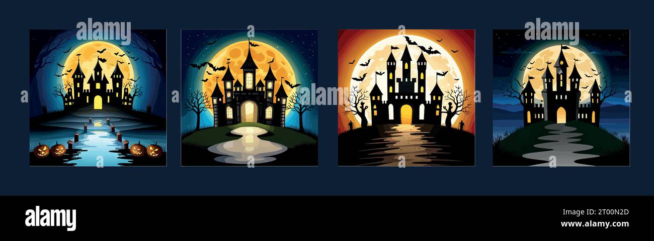 Bannière ensemble Halloween fond de nuit, citrouilles et silhouette sombre de château sur le fond de la pleine lune avec le vol de souris. Illustration vectorielle. Illustration de Vecteur