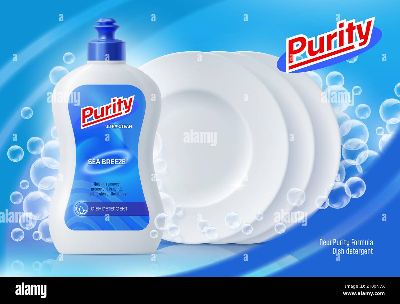 Bouteille de détergent à vaisselle, bulles de savon nettoyant et assiettes propres. affiche d'annonces vectorielles 3d avec tube de nettoyage de vaisselle et plateaux sur fond bleu. Nouvelle formule de pureté de lave-vaisselle, modèle de promotion ADS Illustration de Vecteur