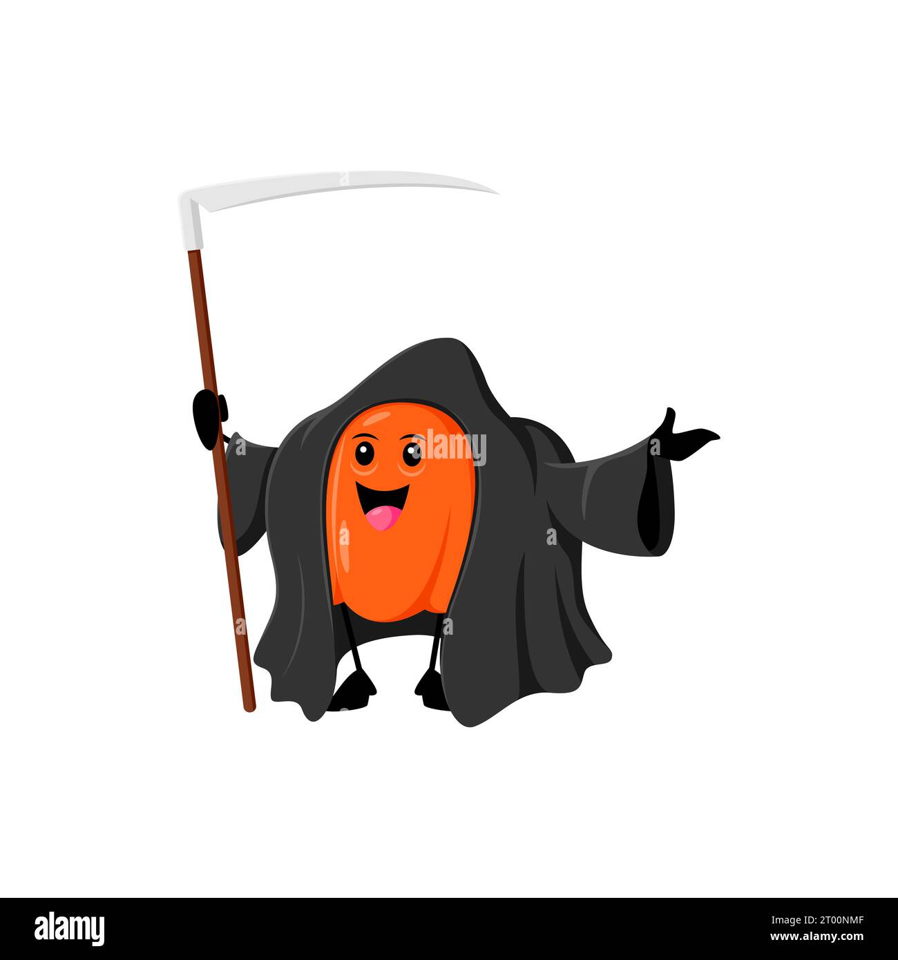 Le personnage de citrouille d'Halloween de dessin animé arbore un costume de faucheuse sinistre, combinant effrayant et mignon pour une délicieuse touche de vacances. Gourde vecteur isolé en robe avec Scythe rayonnant tous les esprits de la veille sainte Illustration de Vecteur