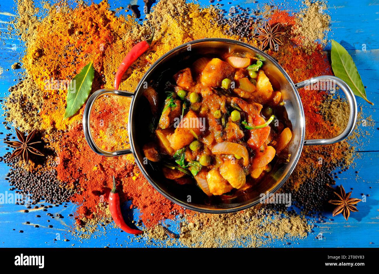 curry de poulet indien dans un bol en métal sur fond de poudre Banque D'Images