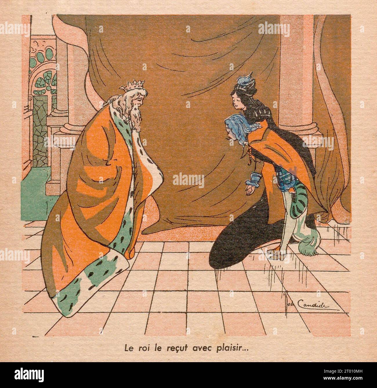 Riquet avec la Tuft 'le Roi [...] reçu pour son gendre avec plaisir [...]' Illustration publiée dans 'les contes de Perrault', par Charles Perrault, illustrée par A. Robida, E. Tap, R. Candide et publiée par imagerie merveilleuse de l'enfance (Paris), en 1941. Banque D'Images