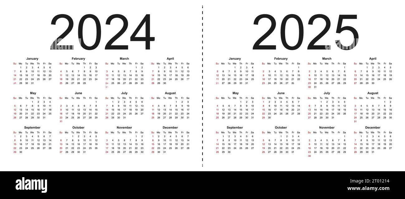 Calendrier 2024, 2025. La semaine commence à partir du dimanche, modèle