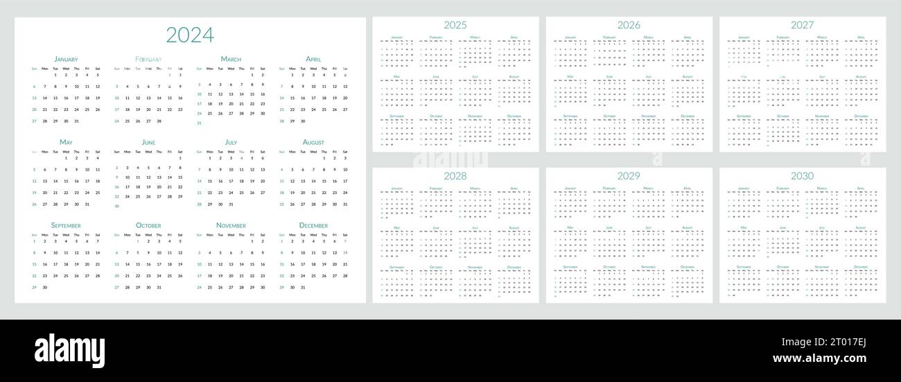 calendrier de 2024 2025 2026 2027 2028 2029 2030 ans. La semaine commence le dimanche. Modèle de planificateur de bureau avec 12 mois. Journal de papeterie annuel. Illustration vectorielle Illustration de Vecteur