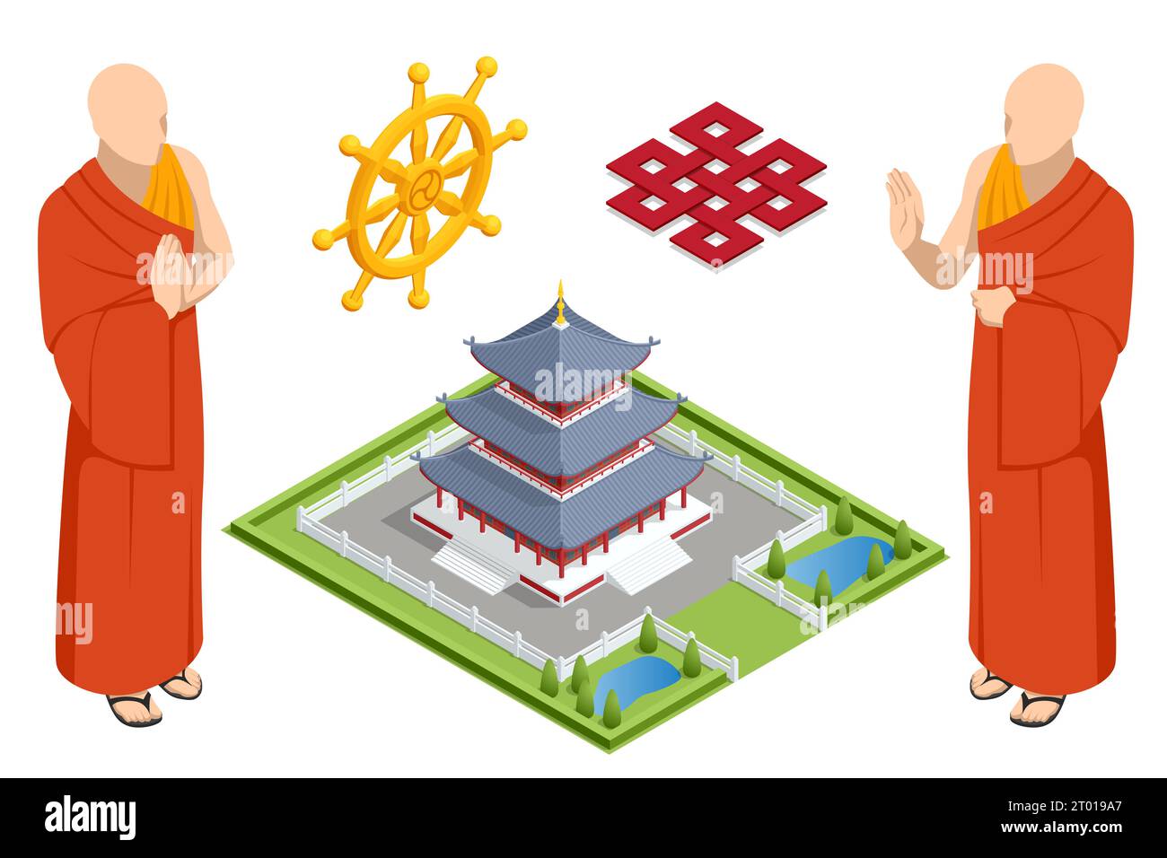 Moines bouddhistes, budhist noeuds sans fin cercle bouddhisme symbole pièce d'or Illustration de Vecteur