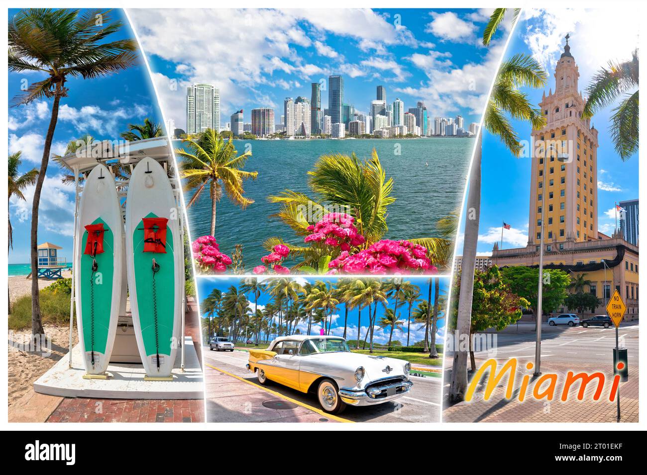 Ville de Miami monuments carte postale touristique vue avec étiquette, état de Floride, États-Unis d'Amérique Banque D'Images