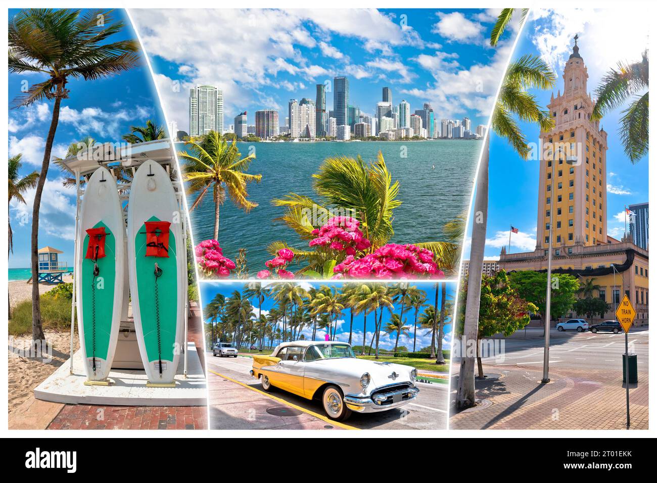 Ville de Miami monuments touristiques vue carte postale, état de Floride, États-Unis d'Amérique Banque D'Images