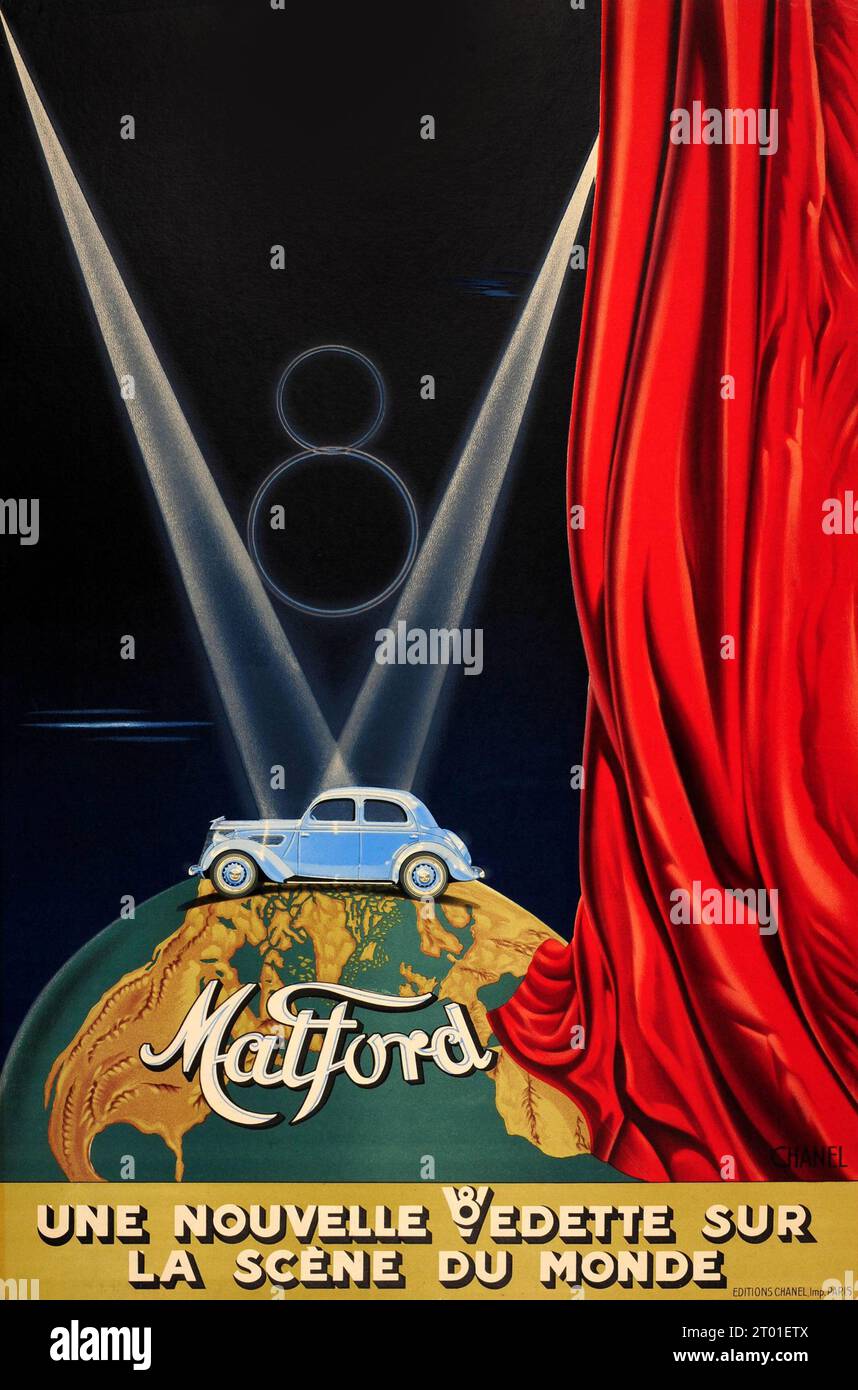 Vintage Classic car Advertising Poster Matford V8 Art Deco Stage Design - Matford V8 une Nouvelle vedette sur la scène du monde - 1930s Banque D'Images