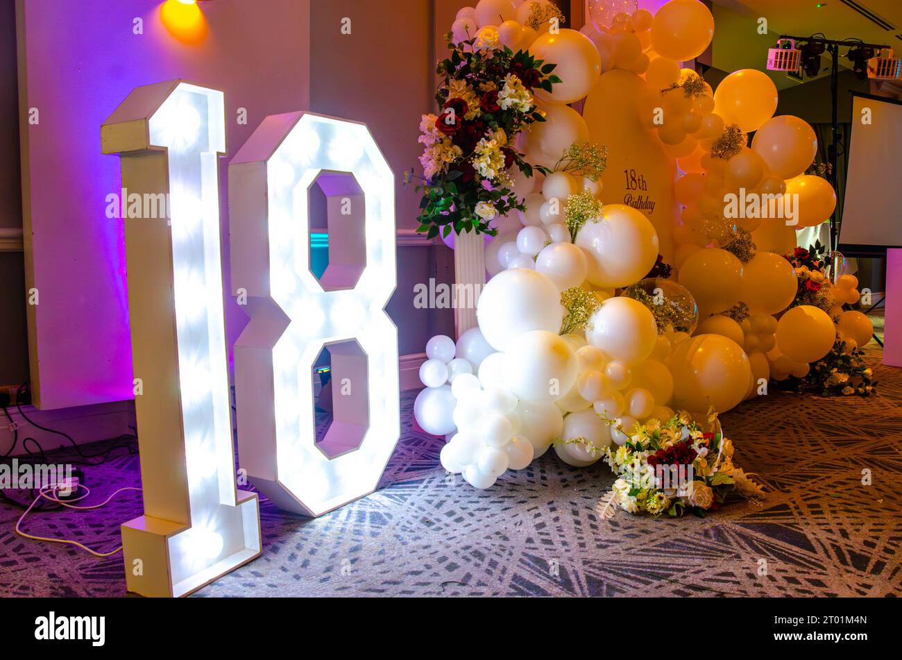 Un panneau décoratif de 18 illuminé, des ballons et un panneau forment une toile de fond lors d'une fête de 18e anniversaire Banque D'Images