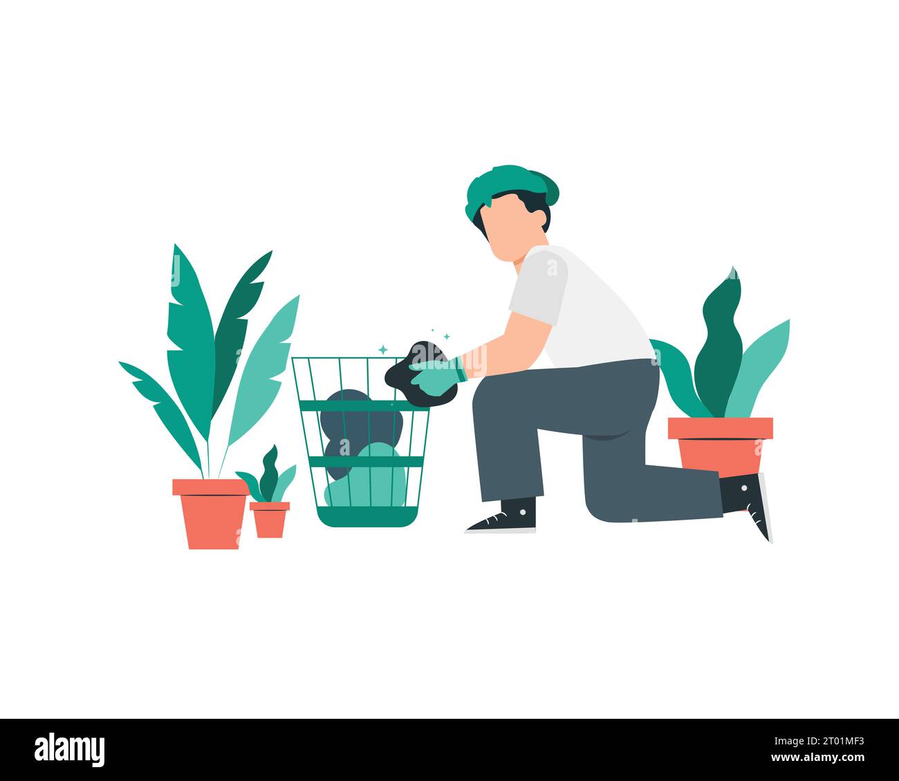 Jardinier avec des plantes en pots. Illustration vectorielle de style plat pour la conception conceptuelle de pratiques respectueuses de l'environnement et de durabilité. Illustration de Vecteur