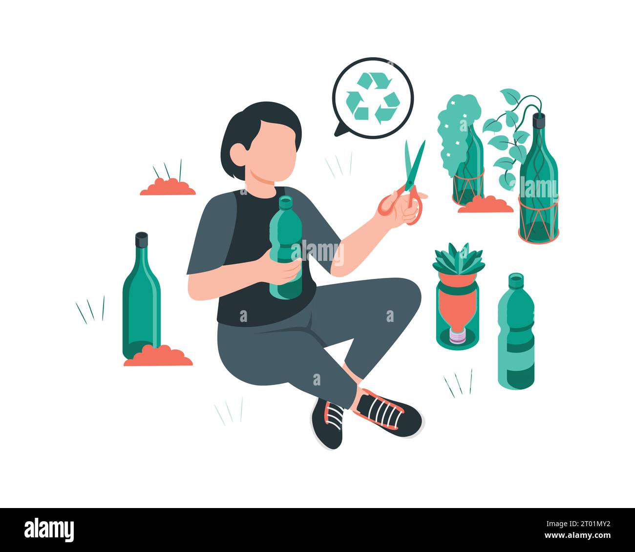 Un jeune homme fabrique de l’artisanat à partir de déchets plastiques et de biens usagés. Illustration vectorielle de style plat pour la durabilité et les pratiques respectueuses de l'environnement Illustration de Vecteur