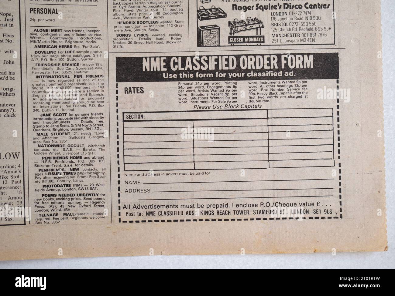 Publicité pour petites annonces dans le numéro des années 1970 de NME New musical Express Music Paper Banque D'Images