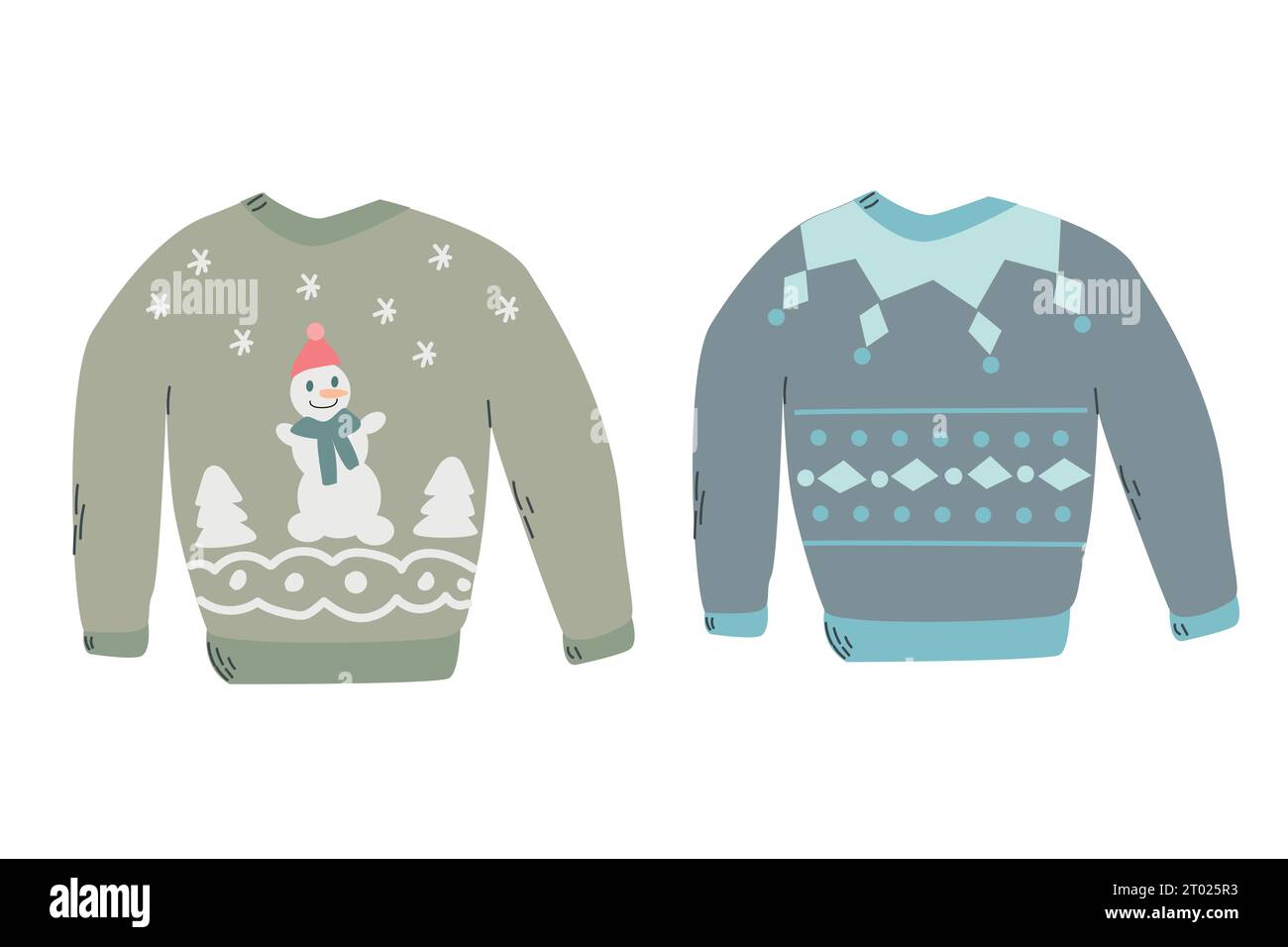 deux pulls d'hiver aux motifs nordiques, bonhomme de neige Illustration de Vecteur