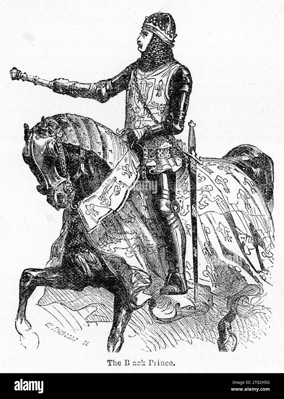 Gravure du Prince Noir, Édouard de Woodstock, considéré comme un modèle de chevalerie et l'un des plus grands chevaliers de son âge. Banque D'Images