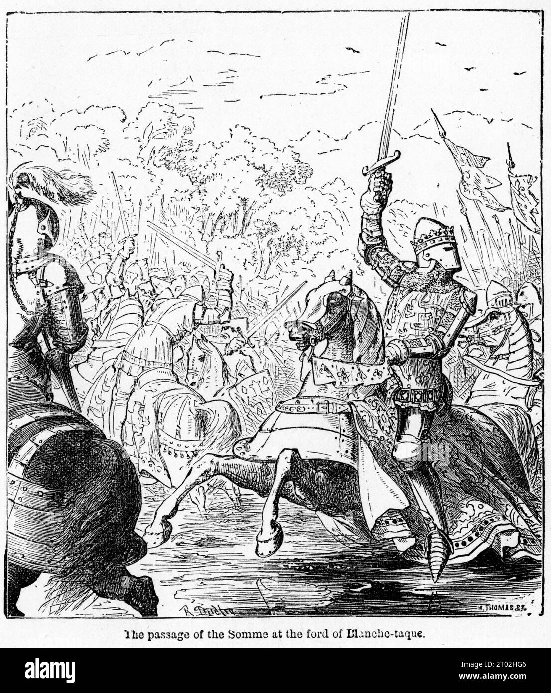 Gravure d'une scène de la vie du Prince Noir, Édouard de Woodstock, considéré comme modèle de chevalerie et l'un des plus grands chevaliers de son âge. Banque D'Images