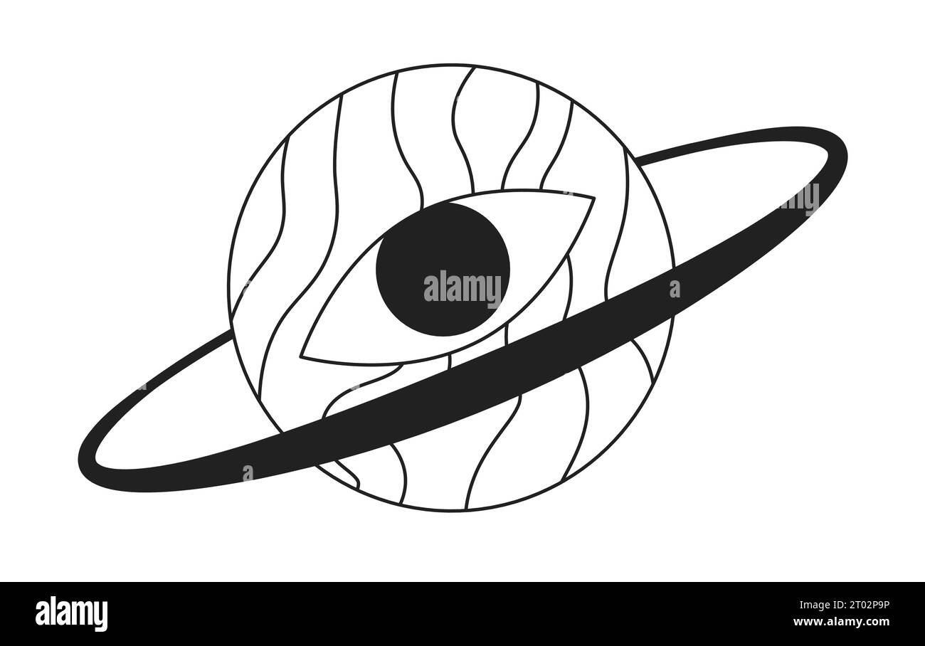 Planète globe oculaire psychédélique avec anneau noir et blanc objet conceptuel de dessin animé 2D Illustration de Vecteur