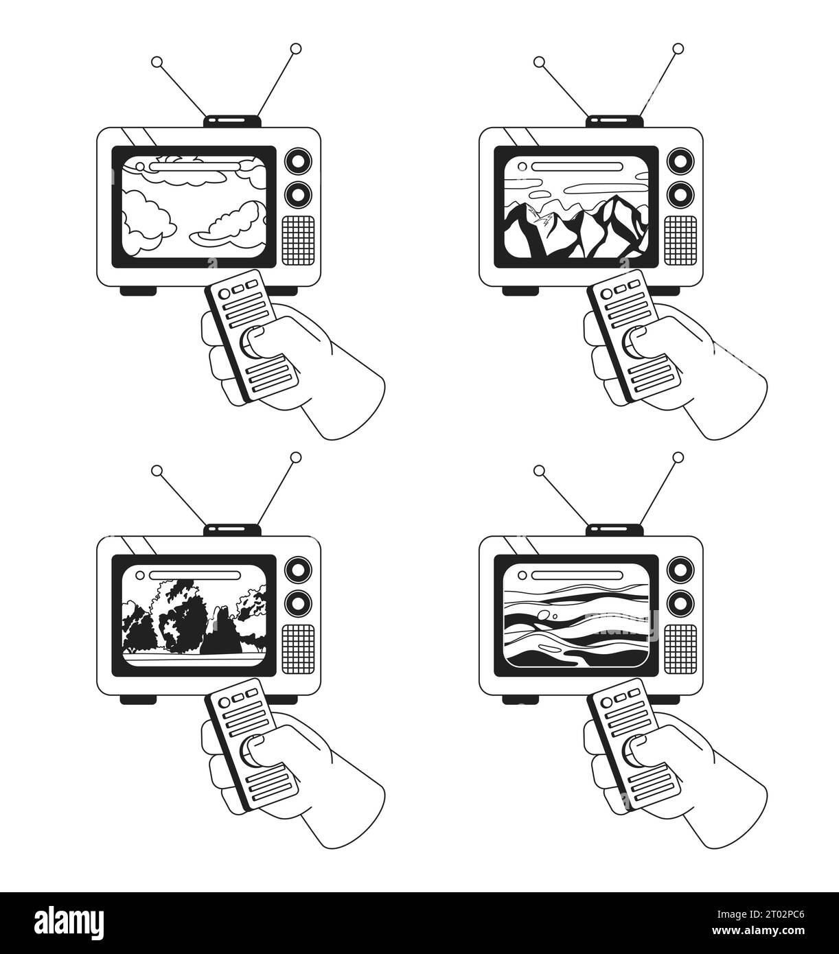 Paysages paisibles Retro tv regarder des concepts d'illustration 2D noir et blanc ensemble Illustration de Vecteur Paysages paisibles Retro tv regarder des concepts d'illustration 2D noir et blanc ensemble Illustration de Vecteur