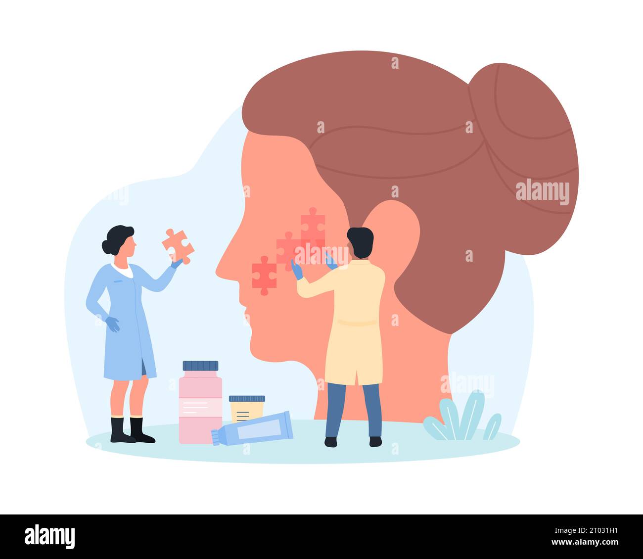 Renouvellement de la peau par la thérapie médicale et spa traitements de rajeunissement illustration vectorielle. Les gens minuscules de dessin animé connectent des pièces de puzzle sur le visage abstrait des femmes, travaillent sur la régénération de la structure de l'épiderme Illustration de Vecteur