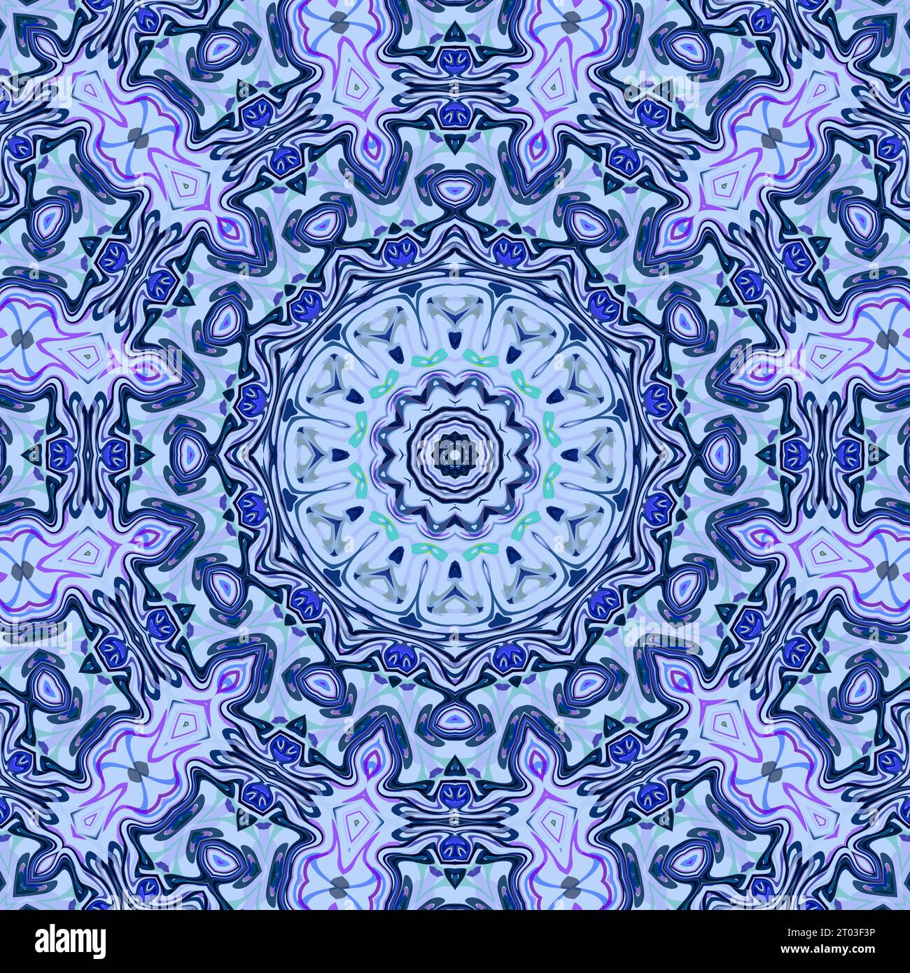 Dessin dans les tons bleus d'un mandala avec des symétries complexes générées numériquement, pas avec l'intelligence artificielle Banque D'Images