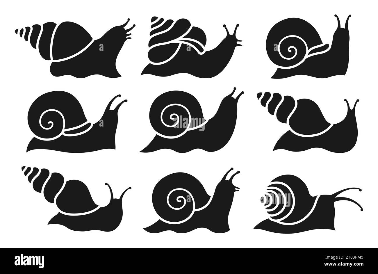 Jeu d'icônes de silhouette enfant escargot. Drôle bébé simple symbole escargots spirales collection de vecteur mollusque. Mascotte de conception de limace de figure comique heureuse pour bannière, flyer ou affiche, carte postale, publicité, invitation Illustration de Vecteur