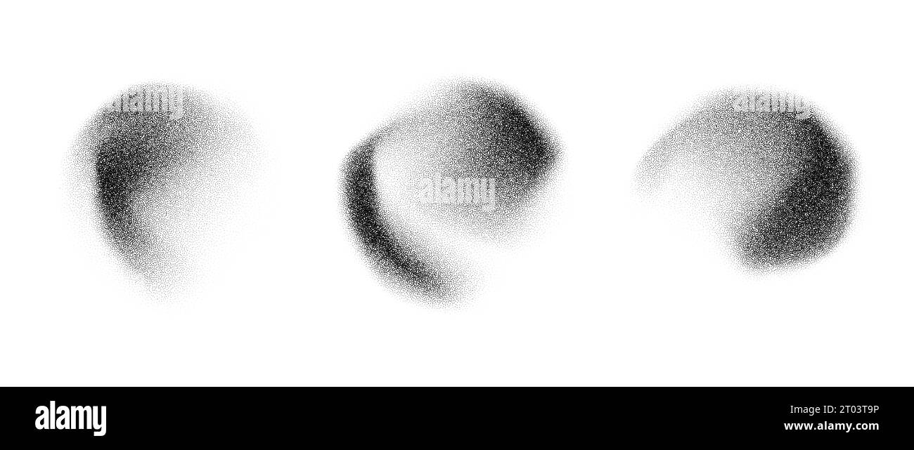 Elements radiaux a gradient en pointillés pour fluides. Texture de grain de bruit tache ensemble de forme. Taches de poussière de sable et de taches de poussière de sable en pointillés noirs et blancs. Collection de nuances d'éclaboussures de demi-ton. Éclaboussures vectorielles Illustration de Vecteur