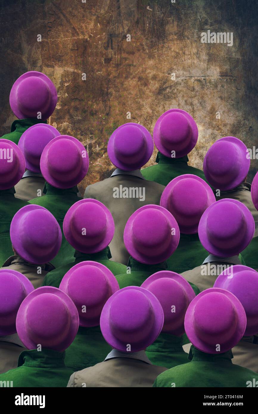 Collage surréaliste avec un homme dans un chapeau violet. File d'attente pour les mêmes rêves Banque D'Images