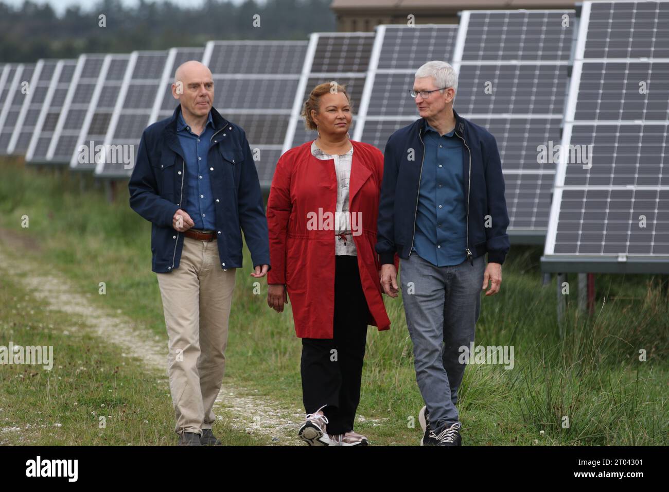 Hanstholm, Danemark. 27 septembre 2023. Tim Cook (à droite), PDG d'Apple, traverse une ferme solaire à Hanstholm, au Danemark, avec Lisa Jackson, directrice du développement durable d'Apple, et Erik Andersen, PDG de la société danoise European Energy A/S. Les panneaux solaires font partie des sources d'énergie renouvelables qui alimentent le centre de données européen d'Apple à Viborg. Crédit : Christoph Dernbach/dpa/Alamy Live News Banque D'Images