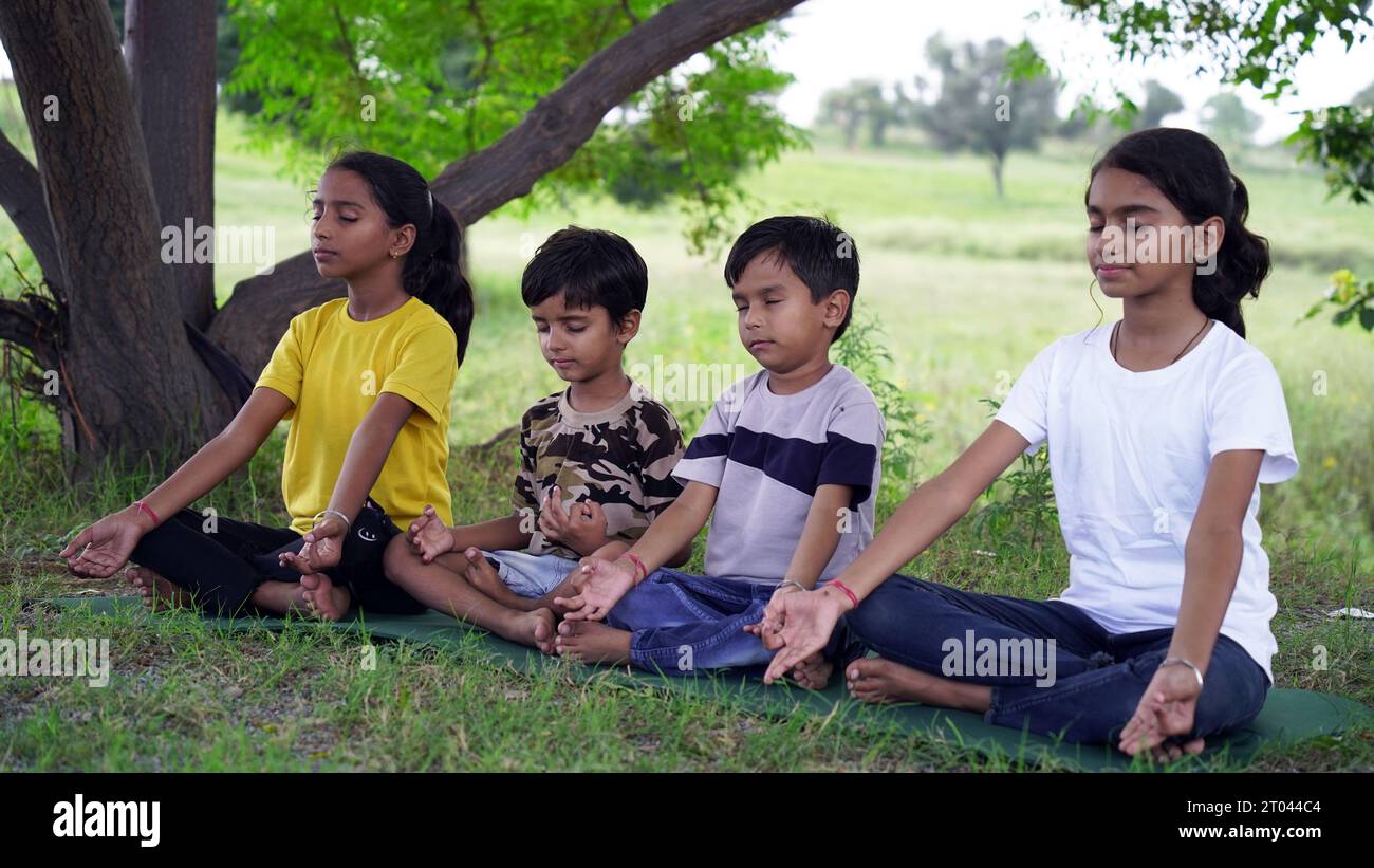 Heureux petits enfants assis en position lotus sur un tapis confortable avec un visage joyeux et souriant, pratiquant ensemble l'exercice de respiration de yoga, faisant asa Banque D'Images
