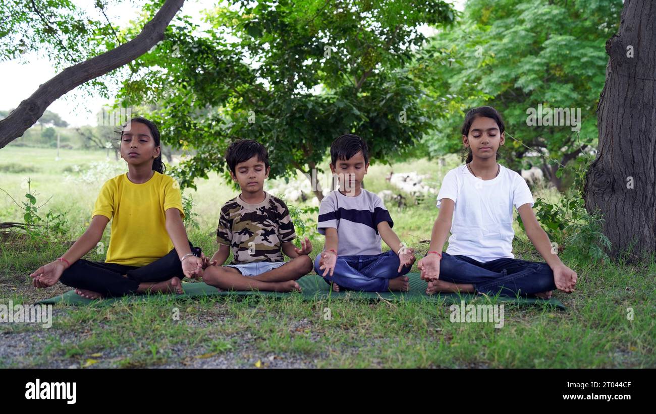 Heureux petits enfants assis en position lotus sur un tapis confortable avec un visage joyeux et souriant, pratiquant ensemble l'exercice de respiration de yoga, faisant asa Banque D'Images
