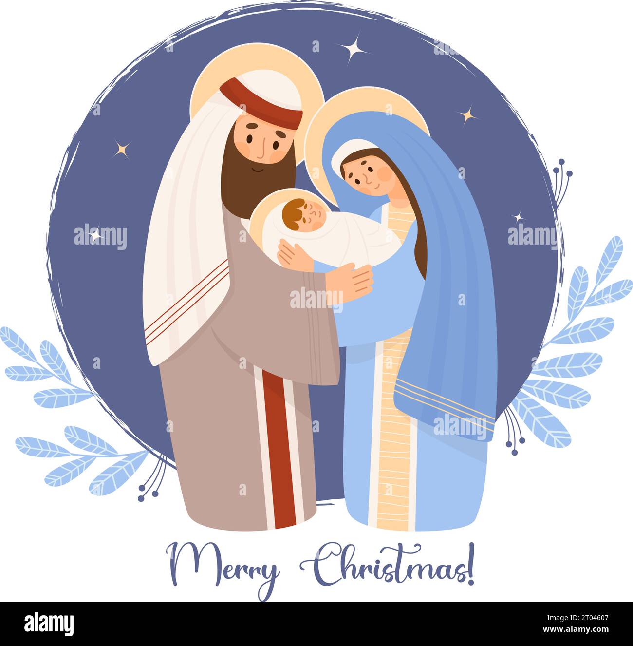 Sainte famille. Carte de joyeux Noël. Mignonne Vierge Marie, saint Joseph et bébé Jésus Christ. Naissance de Sauveur. Illustration vectorielle dans le style plat de dessin animé fo Illustration de Vecteur