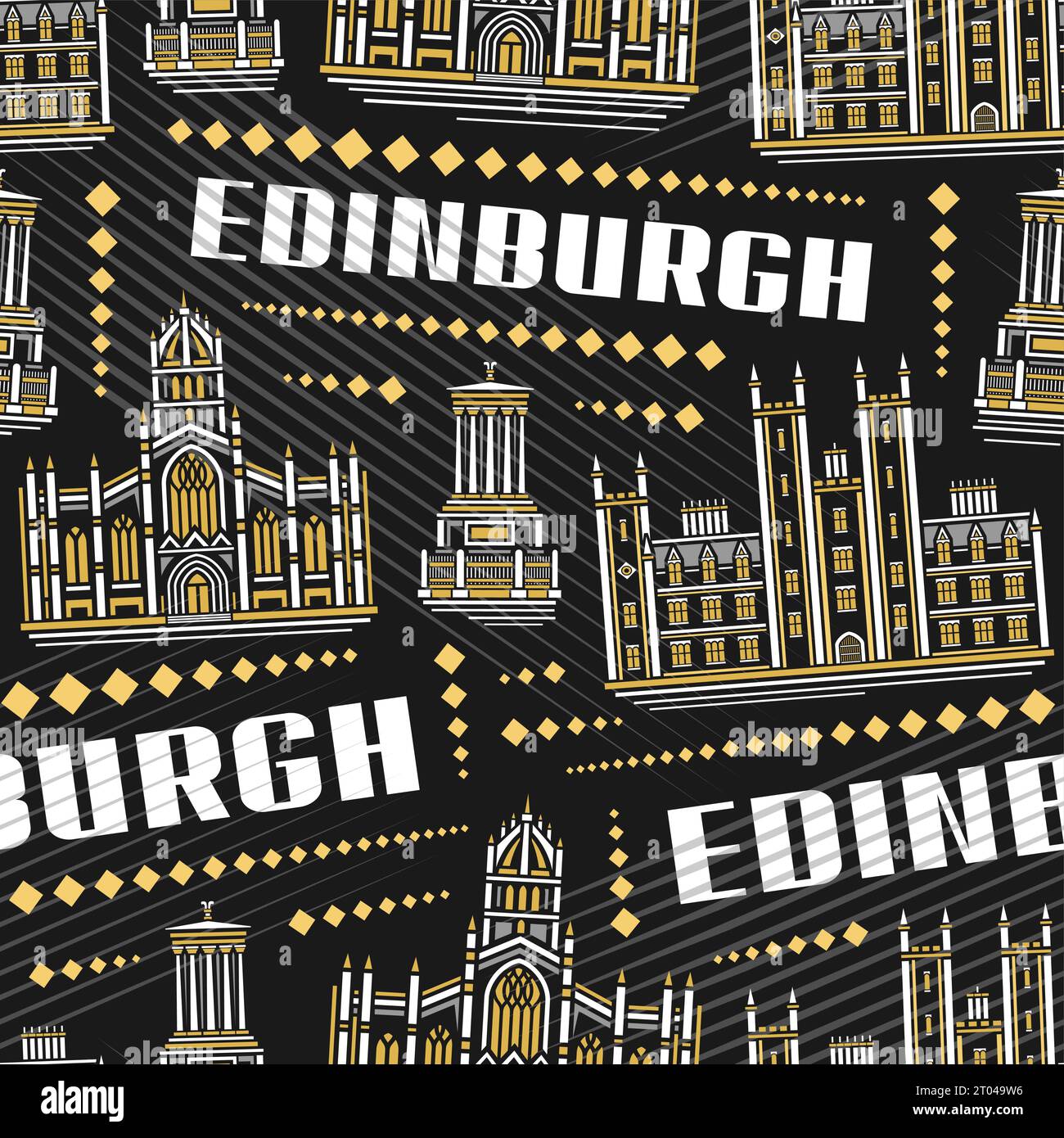 Vector Edinburgh Seamless Pattern, répéter l'arrière-plan avec l'illustration du célèbre paysage historique de la ville d'édimbourg sur fond sombre pour le linge de lit, déc Illustration de Vecteur