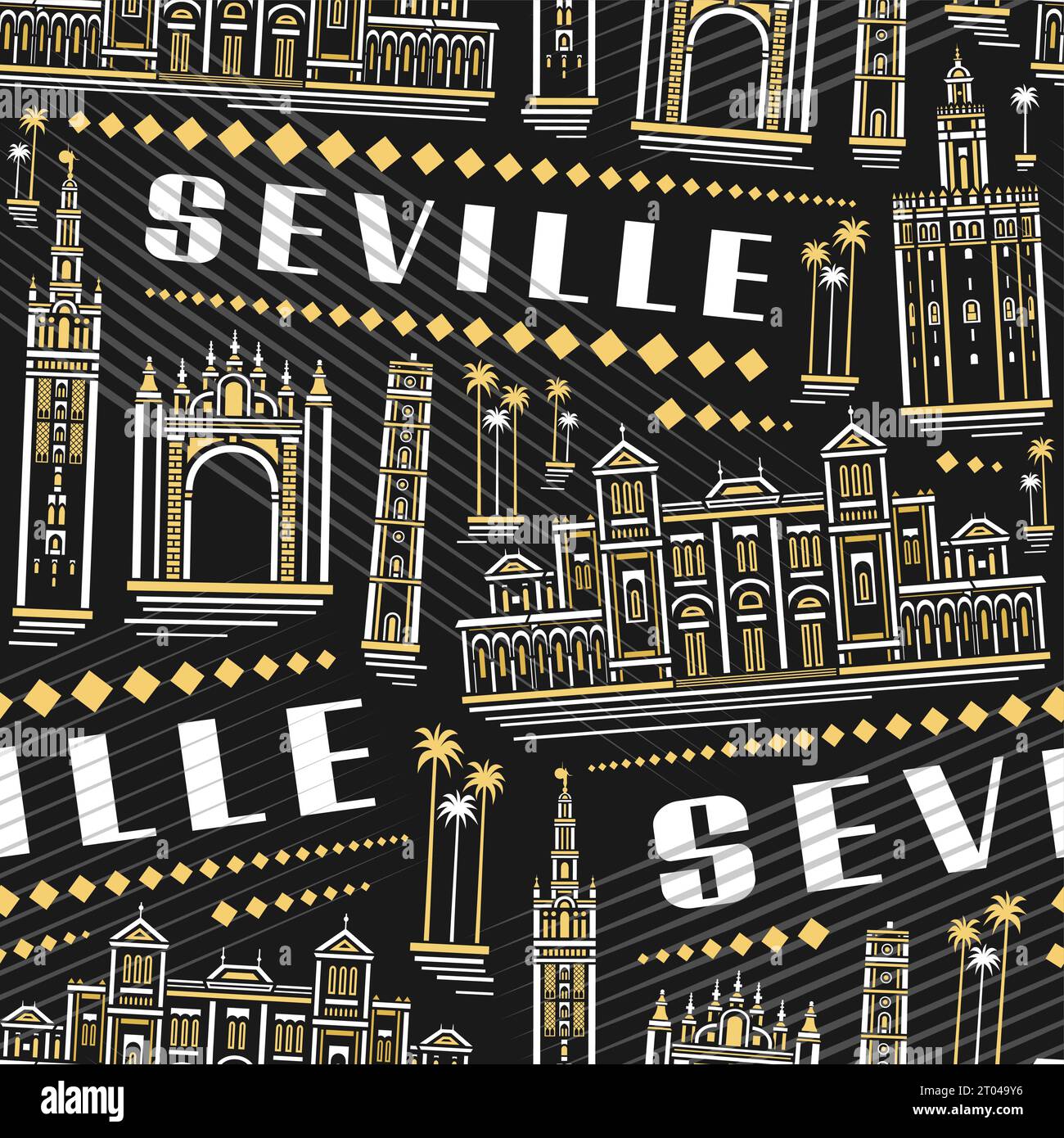 Vector Seville Seamless Pattern, répétition carrée de fond avec illustration du célèbre paysage européen de la ville de séville sur fond sombre pour le linge de lit, de Illustration de Vecteur
