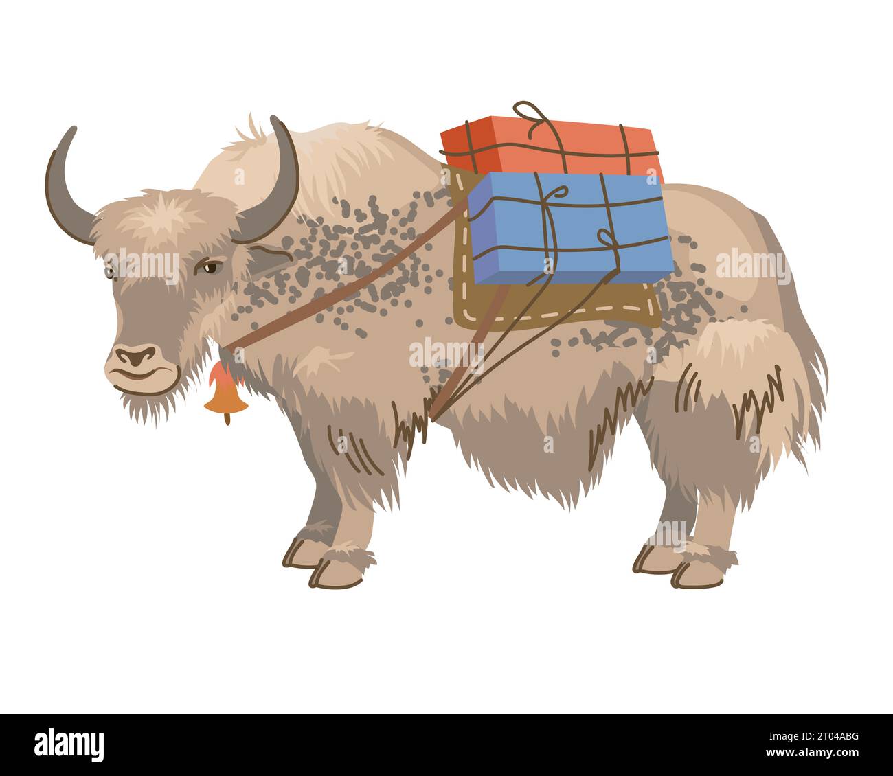 Yak tacheté beige avec des boîtes sur son dos. Vector, style plat. Un animal de compagnie est traditionnellement utilisé pour le transport de marchandises au Tibet et au Népal. Illustration de Vecteur