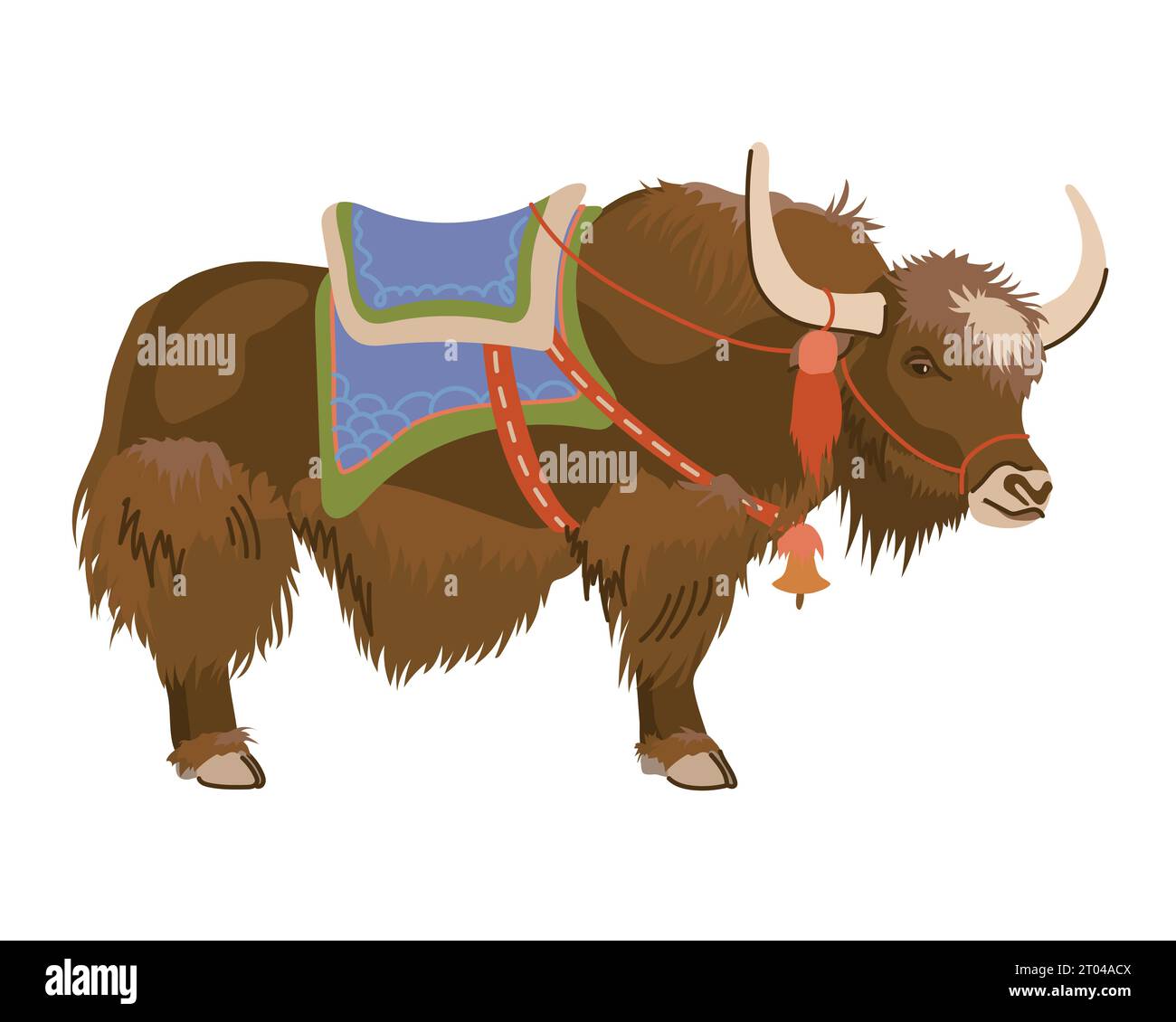 Un yak brun avec une selle sur le dos. Vector, style plat. Animal de compagnie utilisé pour les voyages et le transport de marchandises au Tibet, au Népal et en Chine. Illustration de Vecteur
