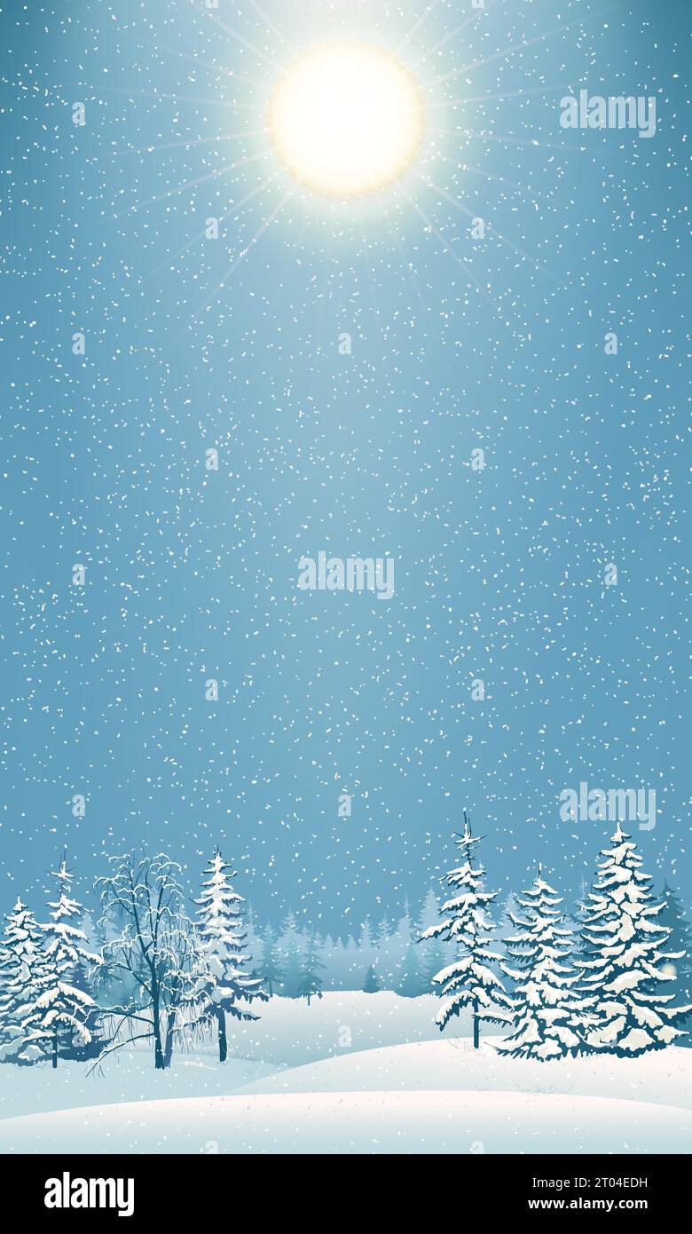 Scène hivernale avec neige tombante. Arbres enneigés sur le fond de la forêt. Des dérives de neige étincelantes dans les sapins froids et gelés. Noël Illustration de Vecteur