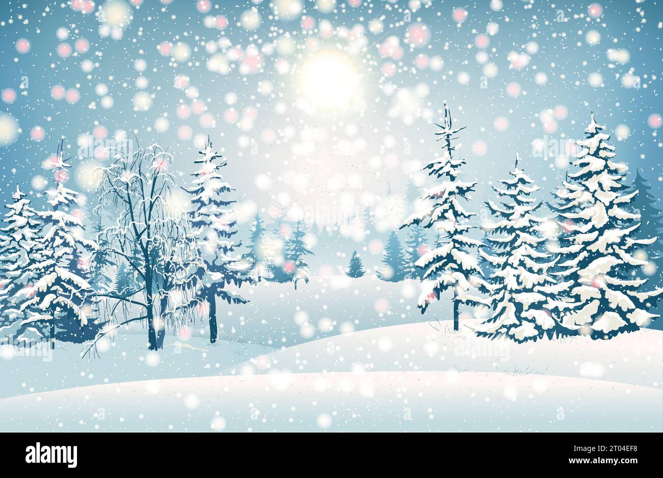 Scène hivernale avec neige tombante. Arbres enneigés sur le fond de la forêt. Des dérives de neige étincelantes dans les sapins froids et gelés. Noël Illustration de Vecteur