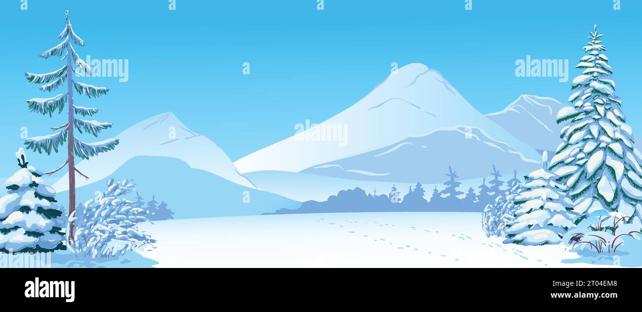 Scène d'hiver avec neige blanche. Illustration vectorielle. Arbres enneigés sur fond de forêts et de montagnes. Des dérives de neige étincelantes dans le gel Illustration de Vecteur