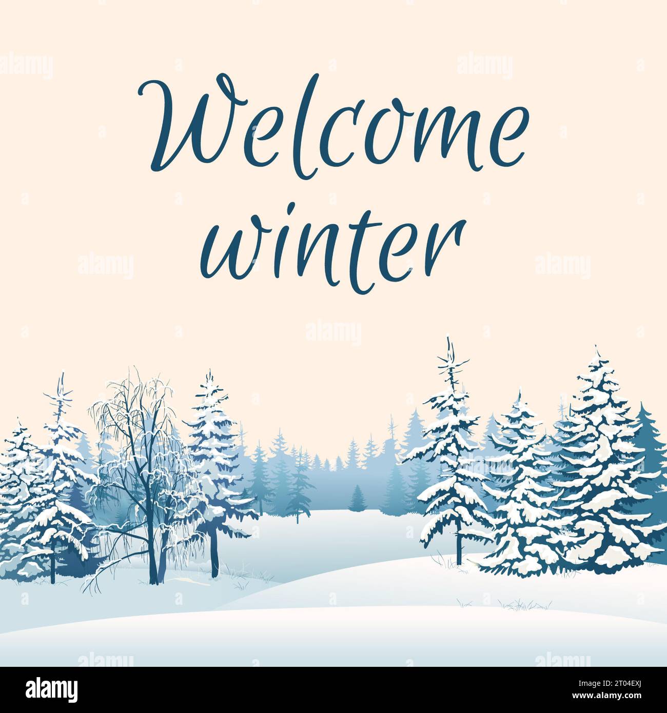 Paysage forestier hivernal avec des pins enneigés au premier plan. Des glissements de neige couchés. L'hiver arrive. Arrière-plan pour bannière, carte de voeux Illustration de Vecteur