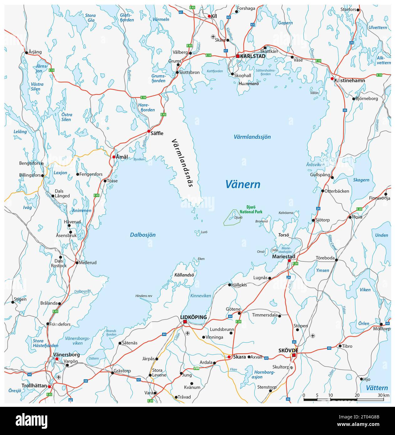 Carte routière du lac Vänern dans le sud-ouest de la Suède Banque D'Images