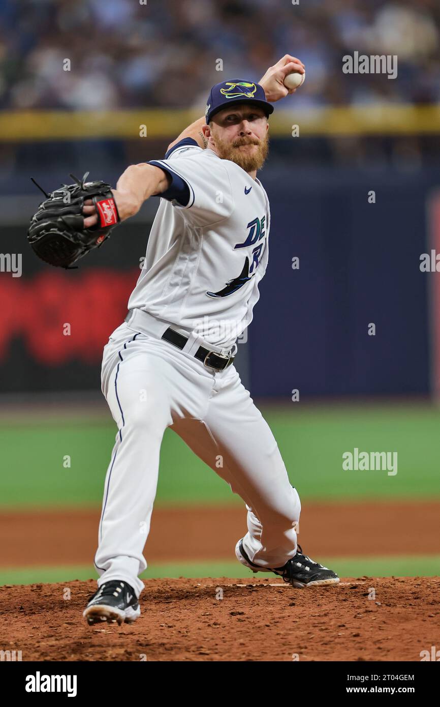 St. Petersburg, FL USA ; lors d'un match de Wild Card MLB le mardi 3 octobre 2023 au Tropicana Field. Les Rangers ont battu les Rays 4-0. (Kim Hukari/image Banque D'Images