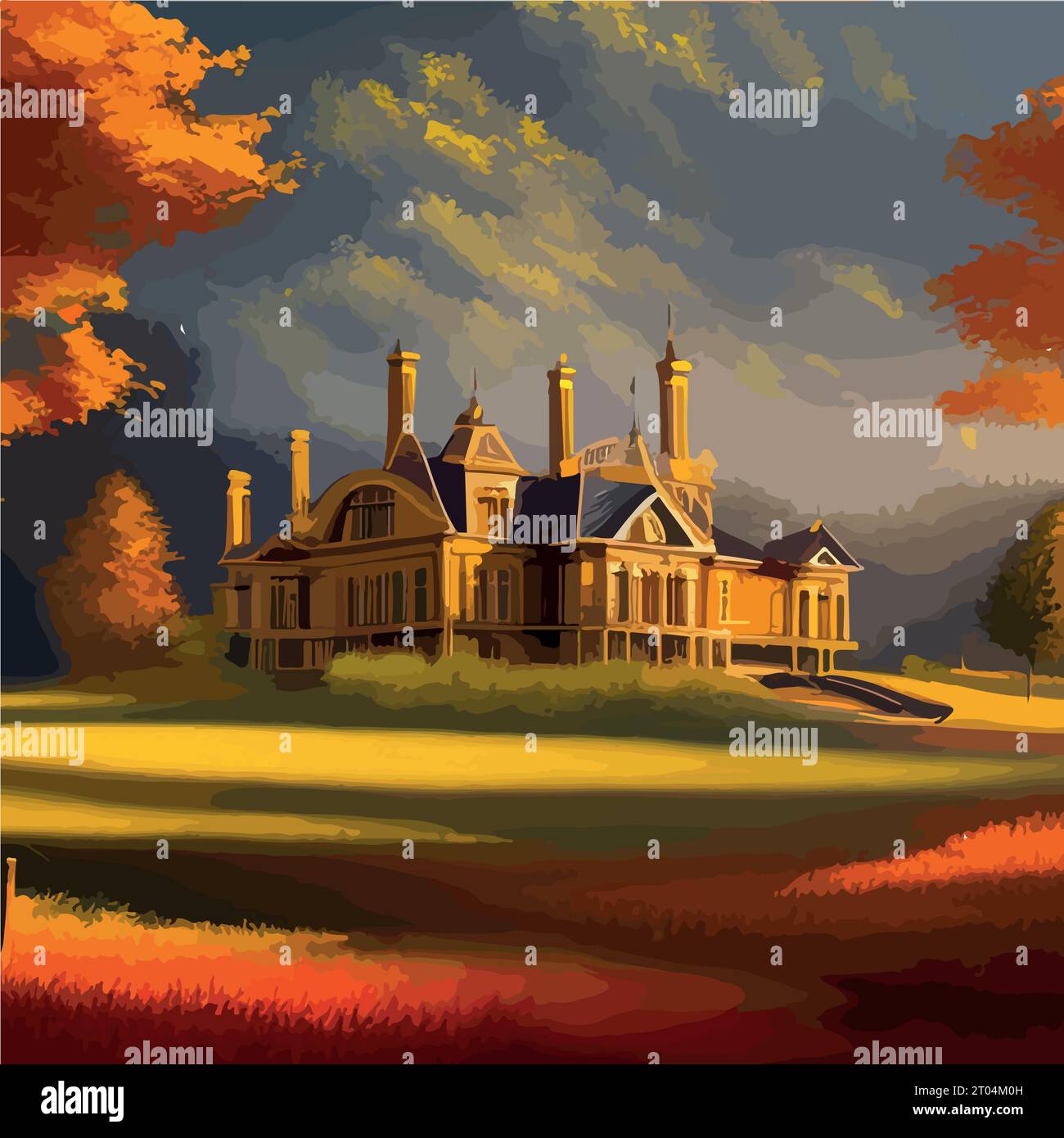 Old Scotney Castle, tour, maison, porte et le parc environnant sont un jour d'automne. Château de campagne anglais, illustration vectorielle Illustration de Vecteur