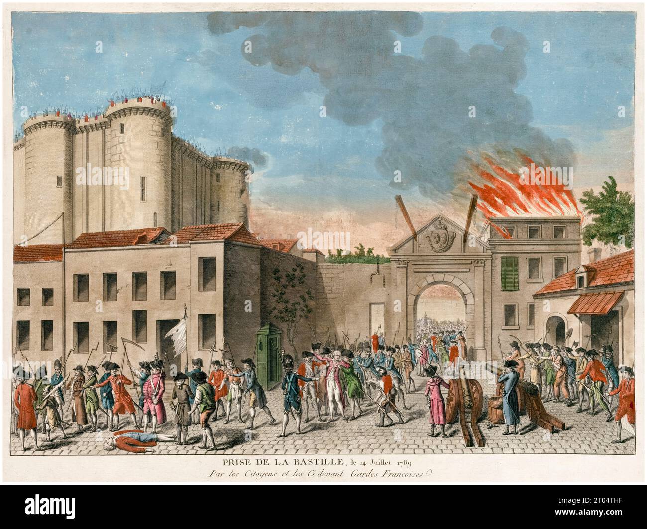 Prise de la Bastille, le 14 juillet 1789, par les citoyens et les anciens gardes français, Révolution française, gravure colorée à la main, 1789 Banque D'Images Prise de la Bastille, le 14 juillet 1789, par les citoyens et les anciens gardes français, Révolution française, gravure colorée à la main, 1789 Banque D'Images