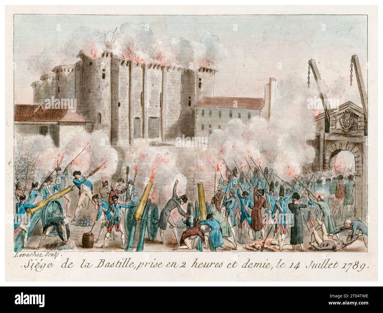 Prise de la Bastille, prise en deux heures et demie, le 14 juillet 1789, gravure colorée à la main par Charles-François-Gabriel le Vachez, 1789 Banque D'Images