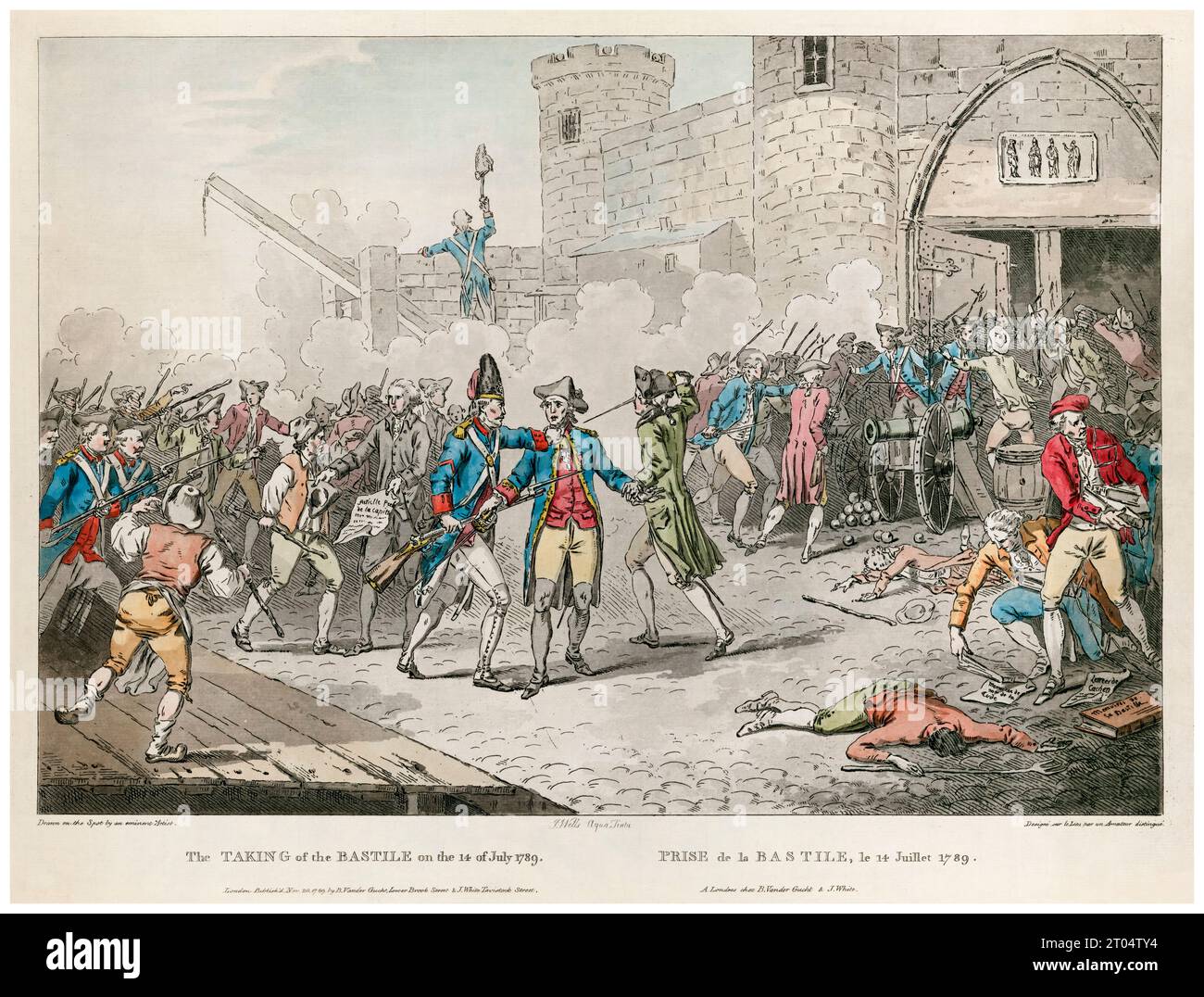 L'arrestation de Bernard René Jourdan, marquis de Launay, à la prise de la Bastille, le 14 juillet 1789, gravure coloriée à la main par John Wells, 1789 Banque D'Images