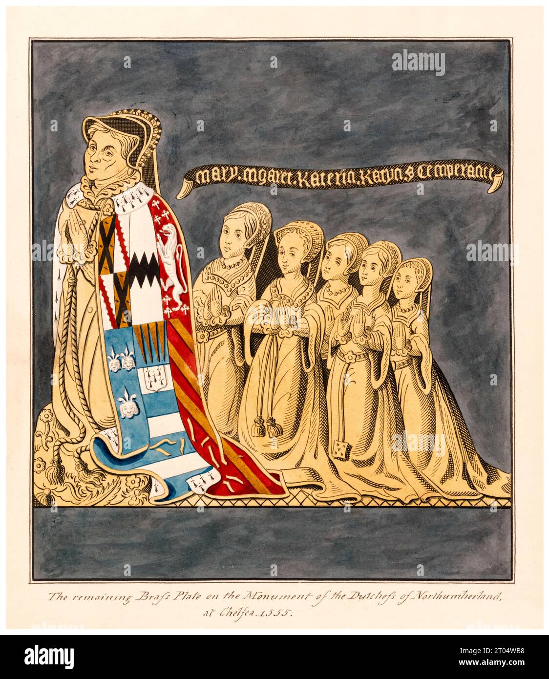 Monument aux plaques de laiton de la duchesse de Northumberland (Jane Dudley, 1508/09-1555) et de ses filles, Chelsea Church, peinture à l'aquarelle avec gouache sur plume et encre par Daniel Lysons, 1796-1811 Banque D'Images