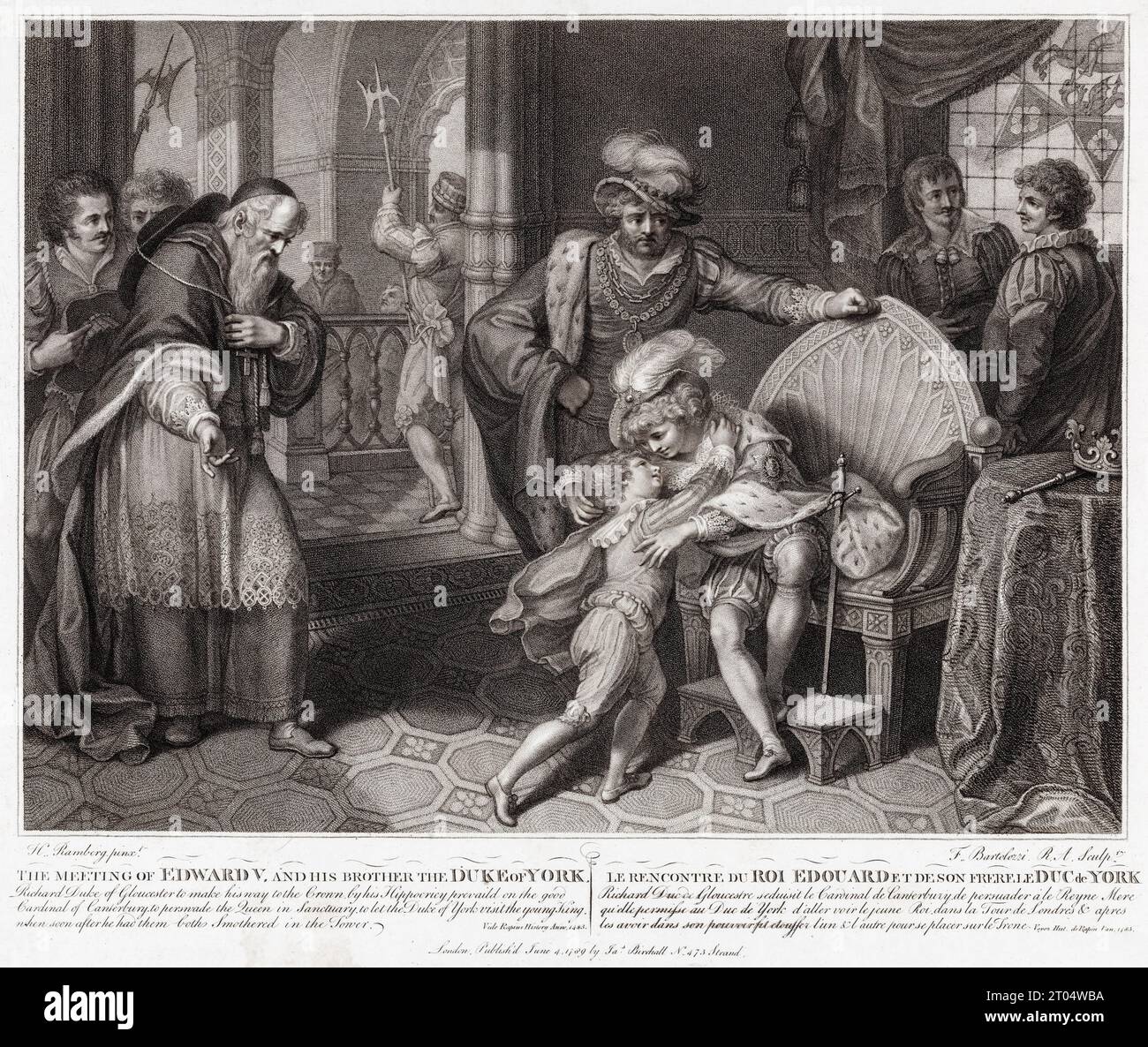 La rencontre d'Édouard V et de son frère le duc d'York, (Princes dans la Tour) gravure sur stipple de Francesco Bartolozzi d'après Johann Heinrich Ramberg, 1789 Banque D'Images