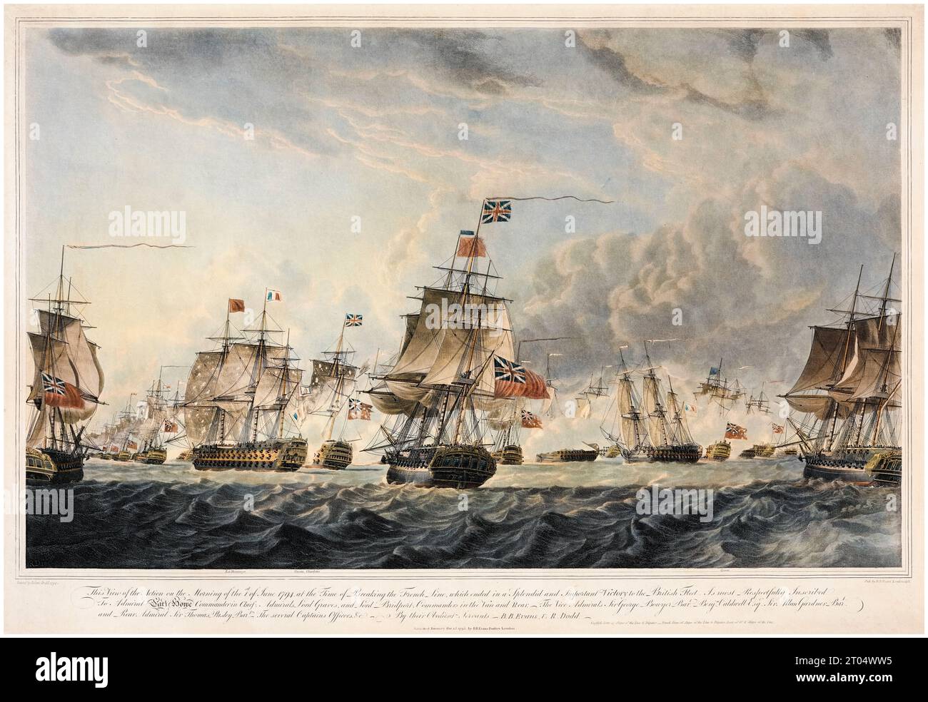 Victoire de Howe au large d'Ouessant, 'le glorieux Premier juin' (1 juin 1794) également connu sous le nom de 'quatrième bataille d'Ouessant', impression aquatinte d'une peinture aquarelle de Robert Dodd, 1795 Banque D'Images