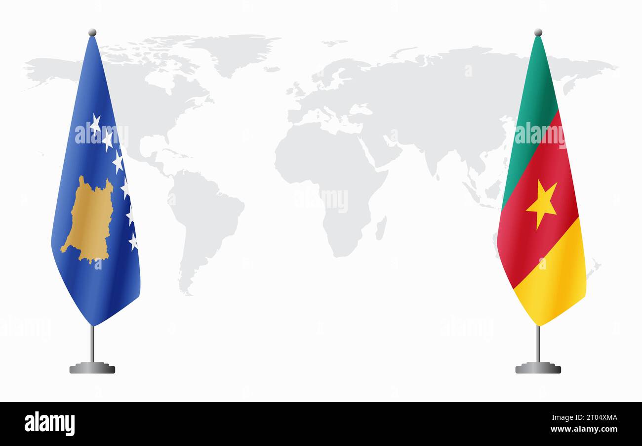 Drapeaux du Kosovo et du Cameroun pour réunion officielle sur fond de carte du monde. Illustration de Vecteur