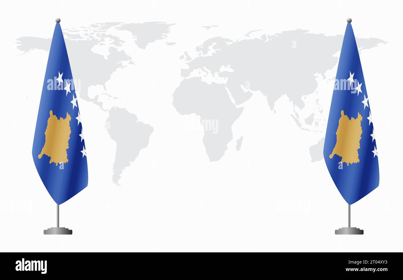 Kosovo et drapeaux du Kosovo pour réunion officielle sur fond de carte du monde. Illustration de Vecteur