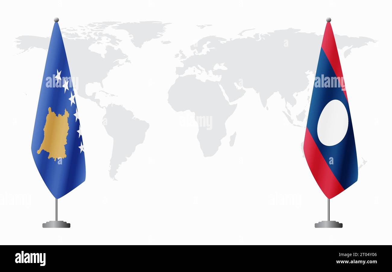 Drapeaux du Kosovo et du Laos pour réunion officielle sur fond de carte du monde. Illustration de Vecteur