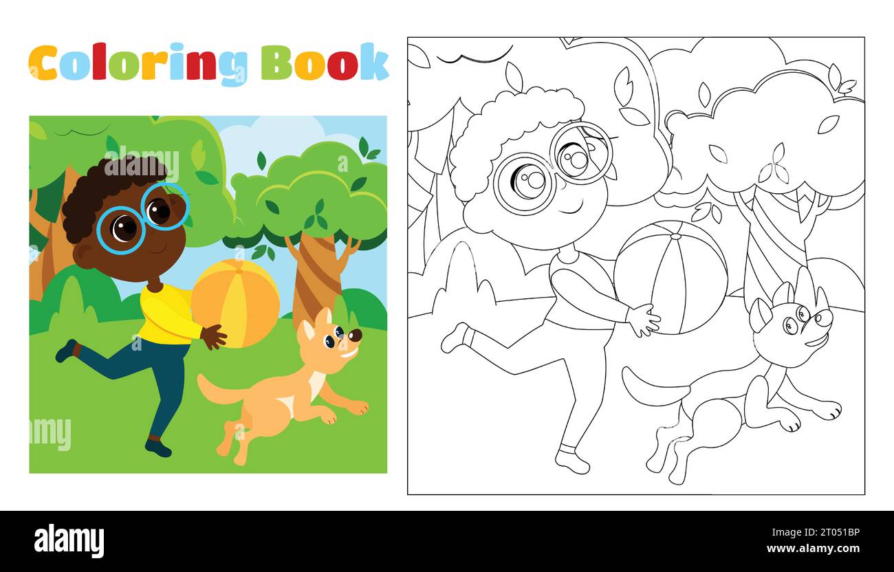 Le garçon colorieur des enfants court avec un chien dans le parc dans un style de dessin animé. Coloriage pour les enfants âgés de 4-8 ans à la maternelle et à l'école primaire. Illustration de Vecteur